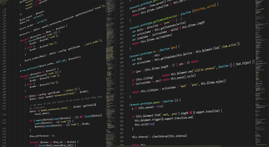 A detailed close-up of a computer screen displaying lines of colorful code, including JavaScript and HTML syntax, with a focus on functions and variables related to web development. The background sho
